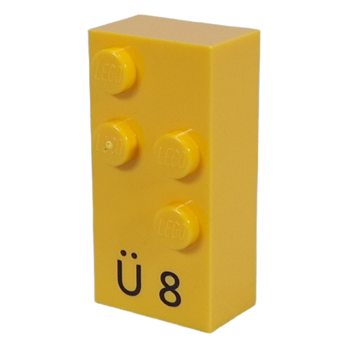 Braille Brick 2 × 4 with 4 Studs ⠳ and 'Ü 8' print Gelb