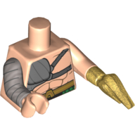 Torso Bare Chest, Silver Pauldron with Dark Bluish Gray Straps, Pearl Gold Belt with Aquaman 'A' Buckle Print, Light Nougat Left Arm, Flat Silver Right Arm with Armor Print, Pearl Gold Left Harpoon, Light Nougat Right Hand Light Nougat