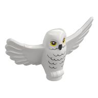 Animal, Bird, Owl Small with Open Wings, Angular Features with Yellow Eyes and Light Bluish Gray Rippled Chest Feathers Print White