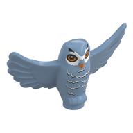 Animal, Bird, Owl Small with Open Wings, Angular Features with Orange Eyes and Beak and Dark Bluish Gray and White Rippled Chest Feathers Print Sandblau