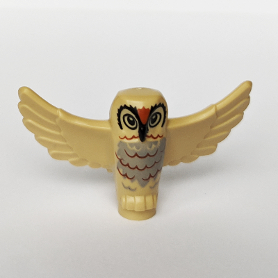 Animal, Bird, Owl Small with Open Wings, Angular Features with Black Eyes and Beak and Reddish Brown Rippled Chest Feathers Print Tan