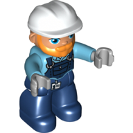 Duplo Figure with Hard Hat and Beard, Dark Blue Overalls Medium Azure