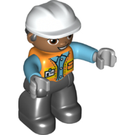 Duplo Figure with Hard Hat and Hair, Black Legs, Safety Vest Orange