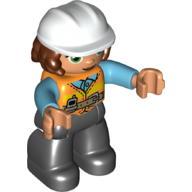 Duplo Figure with Hard Hat and Long Hair, Black Legs, Safety Vest, Nougat Hands Orange
