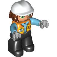 Duplo Figure with Hard Hat and Long Hair, Black Legs, Safety Vest, Light Bluish Grey Hands Orange