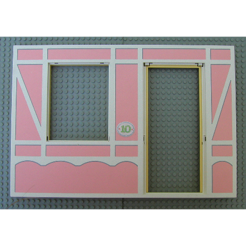 Scala, Building, Wall, Vertical Grooved 40 × 2 × 22 2/3 with Window and Door Openings, with Tudor Frame Light Salmon on White Print Light Yellow