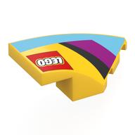 Brick Wedged, Curved 4 × 2 with Stud Notch Right with LEGO logo, Medium Azure/Black/Magenta Shapes print Gelb