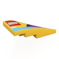 Brick Wedged, Curved 4 × 2 with Stud Notch Left with LEGO logo, Medium Azure/Black/Magenta Shapes print Yellow