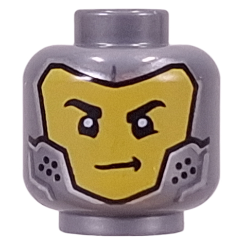Minifig Head Cooper, Droid, Black Dots, Black/Metal Blue Eyes / Yellow Face, Smirk Flat Silver