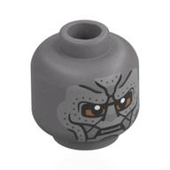 Minifig Head Doctor Doom, Metal Plating, Black Lined, Ribbits, Medium Brown Around Eyes Flat Silver