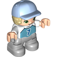 Duplo Figure Child with Hair and Cap Bright Light Blue, Light Bluish Gray Legs, Shirt with '7' Print White