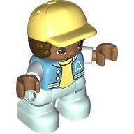 Duplo Figure Child with Hair and Cap Bright Light Yellow, Light Aqua Legs, Bright Light Yellow Shirt Print Dunkelazur