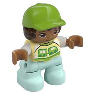 Duplo Figure Child with Hair and Cap Lime, Light Aqua Legs, Bright Light Yellow Shirt Print Leuchtendes Hellgelb