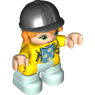Duplo Figure Child with Hair and Riding Helmet Black, Light Aqua Legs, Yellow Hoodie, Azure Shirt with Stars Print Gelb