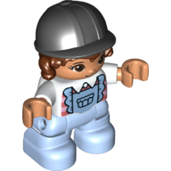 Duplo Figure Child with Hair and Riding Helmet Black, Bright Light Blue Legs, Frilly Shirt Print White
