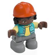 Duplo Figure Child with Hair and Riding Helmet Orange, Bright Bluish Grey Legs, Medium Blue Jacket print Mittelazur