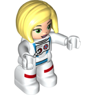 Duplo Figure with Straight Hair with Left Parting Bright Light Yellow, White Astronaut Suit Print White