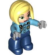 Duplo Figure with Straight Hair with Left Parting Bright Light Yellow, Dark Blue Legs, Police Shirt and Badge Print Mittelazur