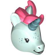 Minifig Head Special, Unicorn with Medium Azure Horn, Coral Mane Print Light Aqua