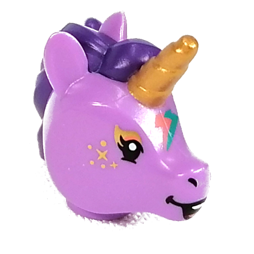 Minifig Head Special, Unicorn with Gold Horn, Dark Purple Mane, Dark Turquoise/Coral Lightning Bolt Print Medium Lavender