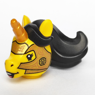 Minifig Head Special, Unicorn with Gold Horn, Black Mane, Gold Knight's Helmet Print Gelb
