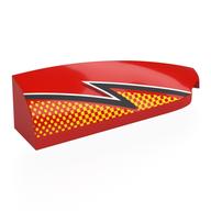 Brick Round, Curved Double 1 × 4 with Stud Notch Right with Black/White Lightning, Bright Light Orange Dots print Red