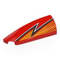 Brick Round, Curved Double 1 × 4 with Stud Notch Left with Black/White Lightning, Bright Light Orange Dots print Red