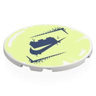 Tile Round 6 × 6 with Dark Blue LEGO Brick, Nike Logo on Yellowish Green Background print Weiß