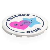 Tile Round 6 × 6 with Dark Pink Heart, Bright Light Blue Star, Dark Blue 'FRIENDS FOREVER' print Weiß