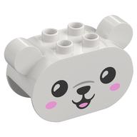Duplo Brick 2 × 4 × 2 Rounded Ends with Ears and Bear Face, Black Eyes, Nose, Mouth, Bright Pink Cheeks Print Weiß
