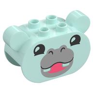Duplo Brick 2 × 4 × 2 Rounded Ends with Ears and Hippo Face Print Light Aqua