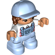Duplo Figure Child with Long Hair and Cap Bright Light Blue, Bright Light Blue Legs, Apron, Pink Striped Shirt Print Weiß