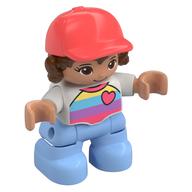 Duplo Figure Child with Long Hair and Cap Coral, Bright Light Blue Legs, Striped Shirt with Heart Print White