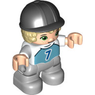 Duplo Figure Child with Short Hair and Riding Helmet Black, Light Bluish Gray Legs, Dark Azure Shirt with '7' Print Weiß