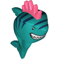 Minifig Head Special, Shark with Dark Turquoise Skin, Dark Blue Stripes, Grin with Teeth, Spiked Fin Print Dunkeltürkis