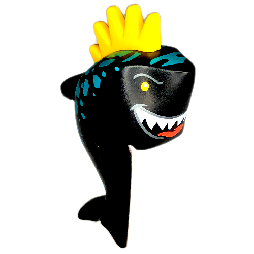 Minifig Head Special, Shark with Dark Turquoise Stripes, Open Mouth with Teeth, Tongue, Yellow Spiked Fin Print Schwarz