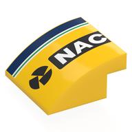 Brick Curved 4 × 4 × 1 2 / 3 with Dark Blue/White/Green Stripes, White 'NAC' on Black Background print Yellow