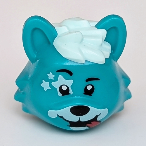 Minifig Head Special, Puppy with White Stars and Snout, Light Aqua Hair Print Dunkeltürkis