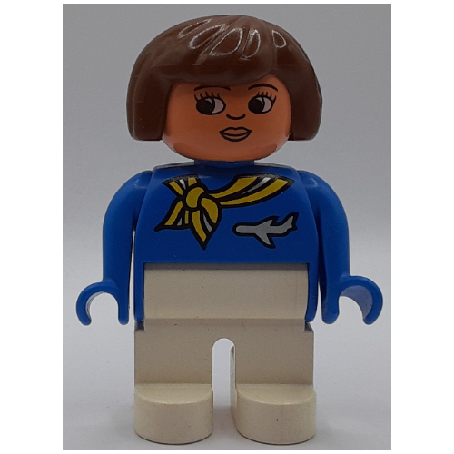 Duplo Figur, früh, Haare Bob braun, weiße Beine, gelber Schal und Flugzeug, nach unten gebogene Nase (bedruckt)