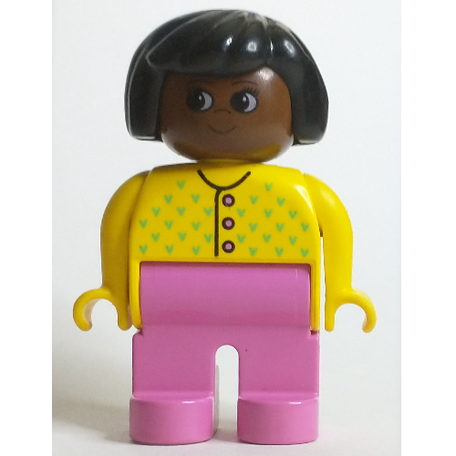 Duplo Figure, Early, Hair Bob Black, Dark Pink Legs, Buttons and Medium Green Flowers Print Gelb