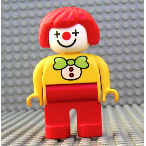 Duplo Figure, Early, Hair Bob Red, Red Legs, Light Green Bow Tie, Clown Face Print Yellow