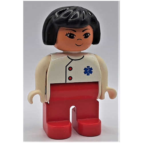 Duplo Figure, Early, Hair Bob Black, Red Legs, Two Red Buttons and Blue EMT Star of Life Print White