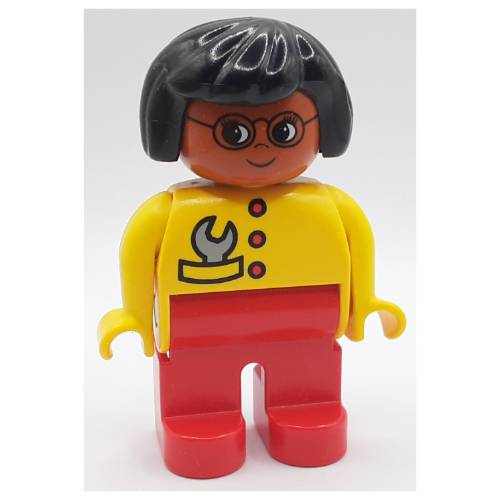 Duplo Figure, Early, Hair Bob Black, Red Legs, Red Buttons and Gray Wrench, Glasses Print Yellow