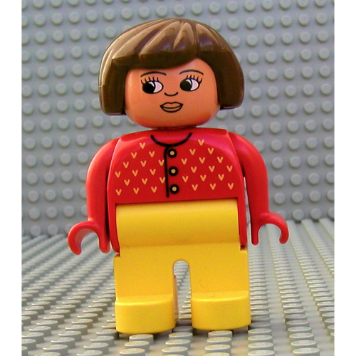 Duplo Figure, Early, Hair Bob Brown, Yellow Legs, Yellow 'V's, and Nose Pointing Down Print Red