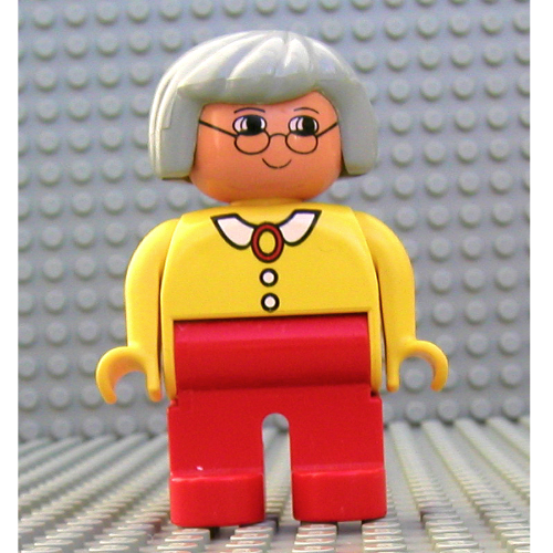 Duplo Figure, Early, Hair Bob Light Gray, Red Legs, White Collar and Pendant, Glasses Print Yellow