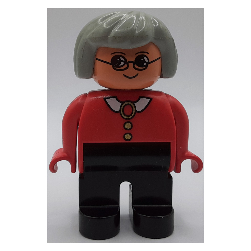 Duplo Figure, Early, Hair Bob Light Gray, Black Legs, White Collar and Buttons, Glasses Print Rot