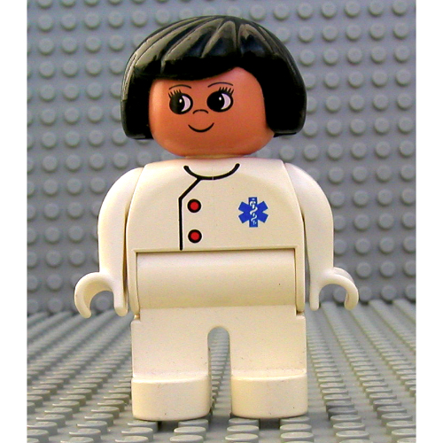 Duplo Figure, Early, Hair Bob Black, White Legs, Two Red Buttons and Blue EMT Star of Life Print White