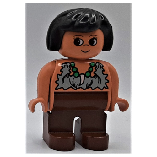 Duplo Figure, Early, Hair Bob Black, Brown Legs, Rag Shirt, Eyelashes with Necklace Print (Caveman) Nougat