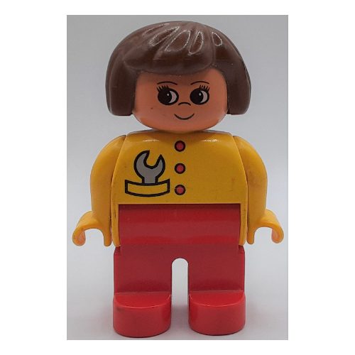 Duplo Figure, Early, Hair Bob Brown, Red Legs, Red Buttons and Gray Wrench, Turned Up Nose Print Gelb