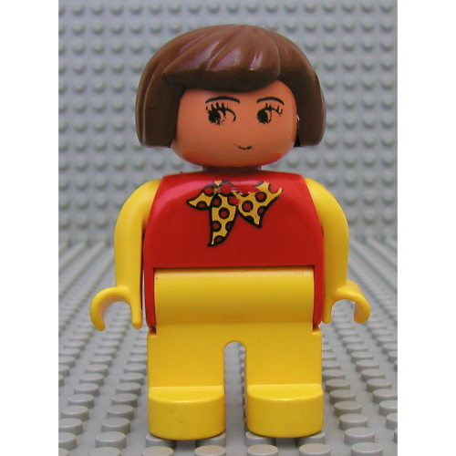 Duplo Figure, Early, Hair Bob Brown, Yellow Legs, Yellow Arms, Yellow Scarf with Red Dots, No White in Eyes Print Red